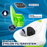 MAXXMEE Milbensauger Vibration mit 2-Stufen Zyklon-Filtersystem, HEPA-13-Filter und 300 ml Staubbehälter, weiß/limegreen.