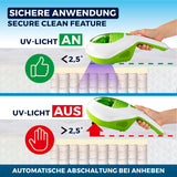 MAXXMEE Milbensauger Vibration in weiß/limegreen zeigt sichere Anwendung mit UV-C-Licht bei Berührung unter 2,5° für maximale Milbenbekämpfung.