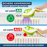 MAXXMEE Milbensauger Vibration mit UV-C-Licht in weiß/limegreen zeigt sichere Anwendung durch automatische UV-C-Licht-Abschaltung.