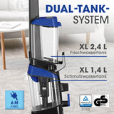 CLEANmaxx Teppichreiniger Pro+ mit Dual-Tank-System, 2,4 L Frischwassertank und 1,4 L Schmutzwassertank für gründliche Reinigung.