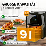 GOURMETmaxx Heißluftfritteuse - 9 l Ofen mit XXL-Zubehörset, Drehspieß und 1800 W für fettarmes Frittieren und Grillen.