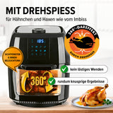 GOURMETmaxx Heißluftfritteuse - 9 l Ofen mit Drehspieß, 360° Garen, Sichtfenster und Innenbeleuchtung für knusprige Hähnchen.