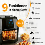 GOURMETmaxx Heißluftfritteuse - 9 l Ofen mit 9 Funktionen, Drehspieß und XXL-Zubehörset für fettarmes Frittieren und Grillen.