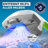 CLEANmaxx Milbensauger Vibration entfernt 99,9% Milben mit UV-C-Licht 280 nm für hygienische Heimtextilien.
