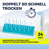 EASYmaxx Elektro-Wäscheständer 900 mit Rollen zeigt Luftstrom-Technologie für schnelles, schonendes Trocknen bei 24 Watt Leistung.