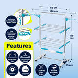 EASYmaxx Elektro-Wäscheständer 900 mit Rollen, 2 Etagen, 2 Bügel-Seitenflügeln, klappbar, rollbar, 15 kg Traglast, 128 cm Kabel, platzsparend.