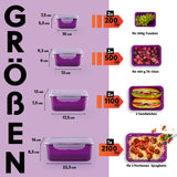 GOURMETmaxx Frischhaltedosen Klick-it 14-tlg. lila/transparent mit Größenangaben und passenden Lebensmittelbeispielen.