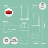 GOURMETmaxx Mr. Magic 400 W in Rot/Weiß, 4-tlg. mit 4-fach Edelstahlklinge, 500 ml Becher, 22.000 U/min, BPA frei, spülmaschinengeeignet.