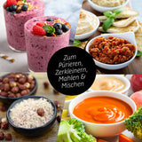GOURMETmaxx Nutrition Mixer Deluxe 11-tlg. Edelstahl/schwarz zeigt gesunde Smoothies, Dips und Nussmischungen ideal zubereitet.
