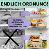 GOURMETmaxx Glas-Frischhaltedosen Klick-it mit Mikrowellen-Ventil 6-teilig zeigen ordentlich gestapelte Lebensmittel im Kühlschrank.