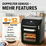 MAXXMEE Heißluft-Fritteuse Digital schwarz mit 12 l, 9 Funktionen, 12 Programme, LCD-Touchdisplay und Anti-Haftbeschichtung.