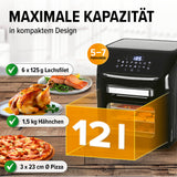 MAXXMEE Heißluft-Fritteuse Digital 12 l Fassungsvermögen schwarz mit großem Volumen für 5-7 Personen und vielseitigen Kochprogrammen.