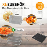 MAXXMEE Heißluft-Fritteuse Digital mit XL-Zubehör wie Grillkorb, Grillspieß, Backgitter, Abtropfschale und Entnahmehilfe.