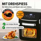 MAXXMEE Heißluft-Fritteuse Digital 12 l schwarz mit Drehspieß, Sichtfenster und Innenbeleuchtung für knusprige Hähnchen wie vom Imbiss.