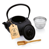 LUMALAND Geschirr-Set Asia Hobnail Design - 3-tlg. Gusseiserne Teekanne mit Sieb und Bambuslöffel, 1,4 Liter Fassungsvermögen.
