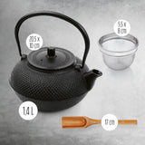 LUMALAND Geschirr-Set Asia Hobnail Design 3-tlg. aus Gusseisen mit Bambuslöffel und Edelstahlsieb für asiatischen Teegenuss