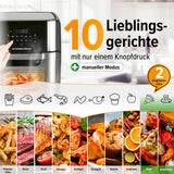 GOURMETmaxx Heißluftfritteuse 12 l mit Touchdisplay, 10 Programme inkl. Pizza, Drehspieß, Edelstahl/Schwarz, multifunktional und fettarm.