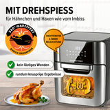 GOURMETmaxx Heißluftfritteuse 12 l mit Drehspieß, Touchdisplay, Edelstahl/schwarz, 1800 W für knusprige Hähnchen wie vom Imbiss.