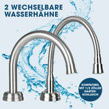 MAXXMEE Warm- & Kaltwasserarmatur mit 2 wechselbaren und 360° schwenkbaren Edelstahl-Wasserhahn-Aufsätzen, kompatibel mit 1/2 Zoll Gartenschlauch.