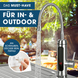 MAXXMEE Warm- & Kaltwasserarmatur mit 360° schwenkbarem Wasserhahn-Aufsatz aus Edelstahl für Innen- und Außenbereich.