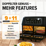 MAXXMEE Heißluft-Fritteuse Doppelkammer 11l schwarz mit 2x5,5l Kapazität, LCD-Touchdisplay und 20 Programmen für doppelte Gerichte.