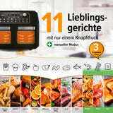 MAXXMEE Heißluft-Fritteuse Doppelkammer 11l schwarz mit 11 Programmen, manueller Modus und zwei XL-Garzonen für vielseitiges Kochen.