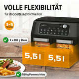 MAXXMEE Heißluft-Fritteuse Doppelkammer 11l schwarz mit 2 x 5,5 l XL-Garzonen und flexibler Zweikammer-Technologie.