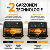 MAXXMEE Heißluft-Fritteuse Doppelkammer 11l schwarz mit 2 Garzonen-Technologie und synchronisierten Kochprogrammen für beide Kammern.