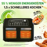MAXXMEE Heißluft-Fritteuse Doppelkammer 11l schwarz mit Zweikammer-Technologie für energiesparendes, schnelles Garen von Speisen.