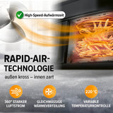 MAXXMEE Heißluft-Fritteuse Doppelkammer 11l schwarz mit Rapid-Air-Technologie für knusprige Speisen und gleichmäßige Wärmeverteilung.