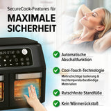 MAXXMEE Heißluft-Fritteuse Doppelkammer 11l schwarz mit automatischer Abschaltfunktion und Cool-Touch-Technologie für maximale Sicherheit.
