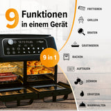 MAXXMEE Heißluft-Fritteuse Doppelkammer 11l schwarz mit 9 Funktionen wie Frittieren, Grillen, Backen und mehr.