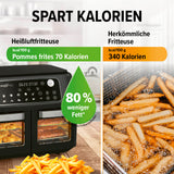 MAXXMEE Heißluft-Fritteuse Doppelkammer 11l schwarz zeigt 80% weniger Fett als herkömmliche Fritteuse bei Pommes frites.