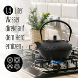 LUMALAND Tee Set 8-teilig mit 1,4 Liter gusseiserner Teekanne Tetsubin auf Herd erhitzbar, schwarz, inkl. Stövchen und Bechern.