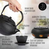 LUMALAND Tee Set 8-teilig aus Gusseisen mit 1,4l Kanne, Stövchen, 2 Bechern und 2 Untersetzern in Schwarz, langlebig und praktisches Design.