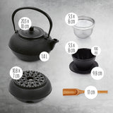 LUMALAND Tee Set 8-teilig mit Gusseiserner Teekanne 1,4L, Stövchen, 2 Becher, Untersetzer, Edelstahl Sieb und Bambuslöffel schwarz.