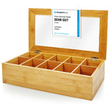 LUMALAND Cuisine Teebox aus Bambus mit 10 Fächern, klarem Sichtfenster und nachhaltigem Design zur Aufbewahrung von Teebeuteln.
