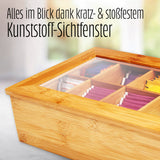 LUMALAND Cuisine Teebox aus Bambus mit 10 Fächern, Sichtfenster und nachhaltigem Design zur praktischen Teeaufbewahrung.