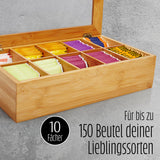 LUMALAND Cuisine Teebox aus Bambus mit 10 Fächern, nachhaltige Aufbewahrung für Teebeutel, praktisches Sichtfenster, ca. 36,7 x 20 x 9 cm.