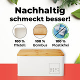 LUMALAND Cuisine Brotkasten aus Metall mit Bambus Deckel, rechteckig, weiß, mit luftdurchlässigem Deckel, 30,5 x 23,5 x 14 cm.