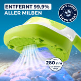 CLEANmaxx Milbensauger Vibration mit UV-C-Licht entfernt 99,9 % Milben durch UV-C-Sterilisation bei 280 nm Wellenlänge.