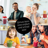 GOURMETmaxx Nutrition Mixer Deluxe Edelstahl/rot zeigt frische Smoothies für gesunde Ernährung und vielseitigen Küchengebrauch.