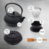 LUMALAND Tee Set 12-teilig aus Gusseisen mit Kanne, Bechern, Sieb, Stövchen und Bambuslöffel in Schwarz nach asiatischer Tradition.