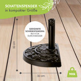 EASYmaxx Sonnenschirmfuß Guß-Optik Schwarz, halbrund, 32x32 cm, für Schirmstangen bis 4 cm Durchmesser, 9 kg, kompakt für Balkon und Terrasse.