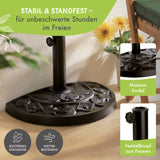EASYmaxx Sonnenschirmfuß Guß-Optik schwarz, halbrunder, stabiler Sockel, rostfreies Stahlrohr, wetterbeständig, für Balkon und Terrasse geeignet.