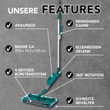 Swivel Sweeper G 2 Akkubesen kabellos mit 4-seitigem Bürstensystem, 360° Rotation, Akku, Ellenbogengelenk und Schmutzbehälter.