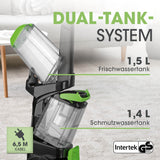 CLEANmaxx Teppichreiniger Pro mit Dual-Tank-System, 1,5 L Frischwassertank und 1,4 L Schmutzwassertank für gründliche Reinigung.
