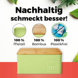 LUMALAND Cuisine Brotkasten aus Metall mit Bambus Deckel in Mintgrün, nachhaltig, platzsparend und plastikfrei.