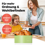LUMALAND Cuisine Brotkasten aus Metall mit Bambus Deckel in Mintgrün, praktisch, platzsparend und mit Brotzeit-Schriftzug.