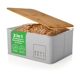 LUMALAND Cuisine Brotkasten aus Metall mit Bambus Deckel, rechteckig 30,5 x 23,5 x 14 cm, hellgrau, mit Brotzeit-Schriftzug.